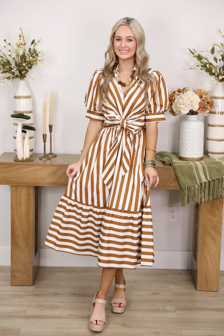 Sally Striped Collared Short Puff Sleeve Midi Dress W/ Front Tie Detail "Cream Camel"