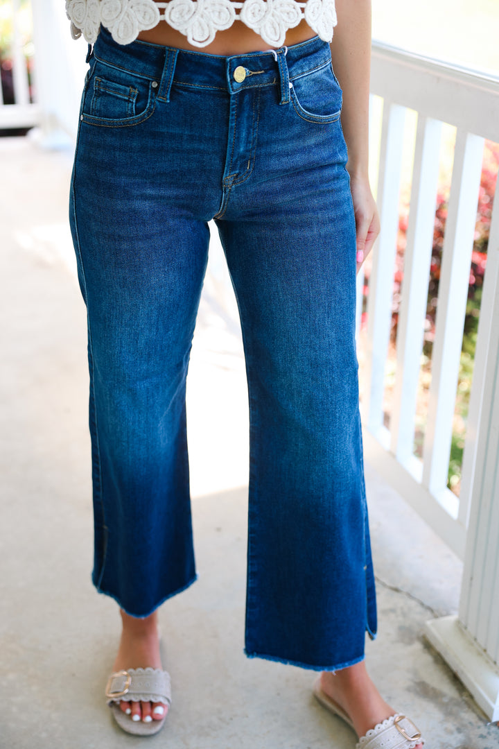Risen - Mid Rise Crop Wide Side Slit Jeans "Dark"