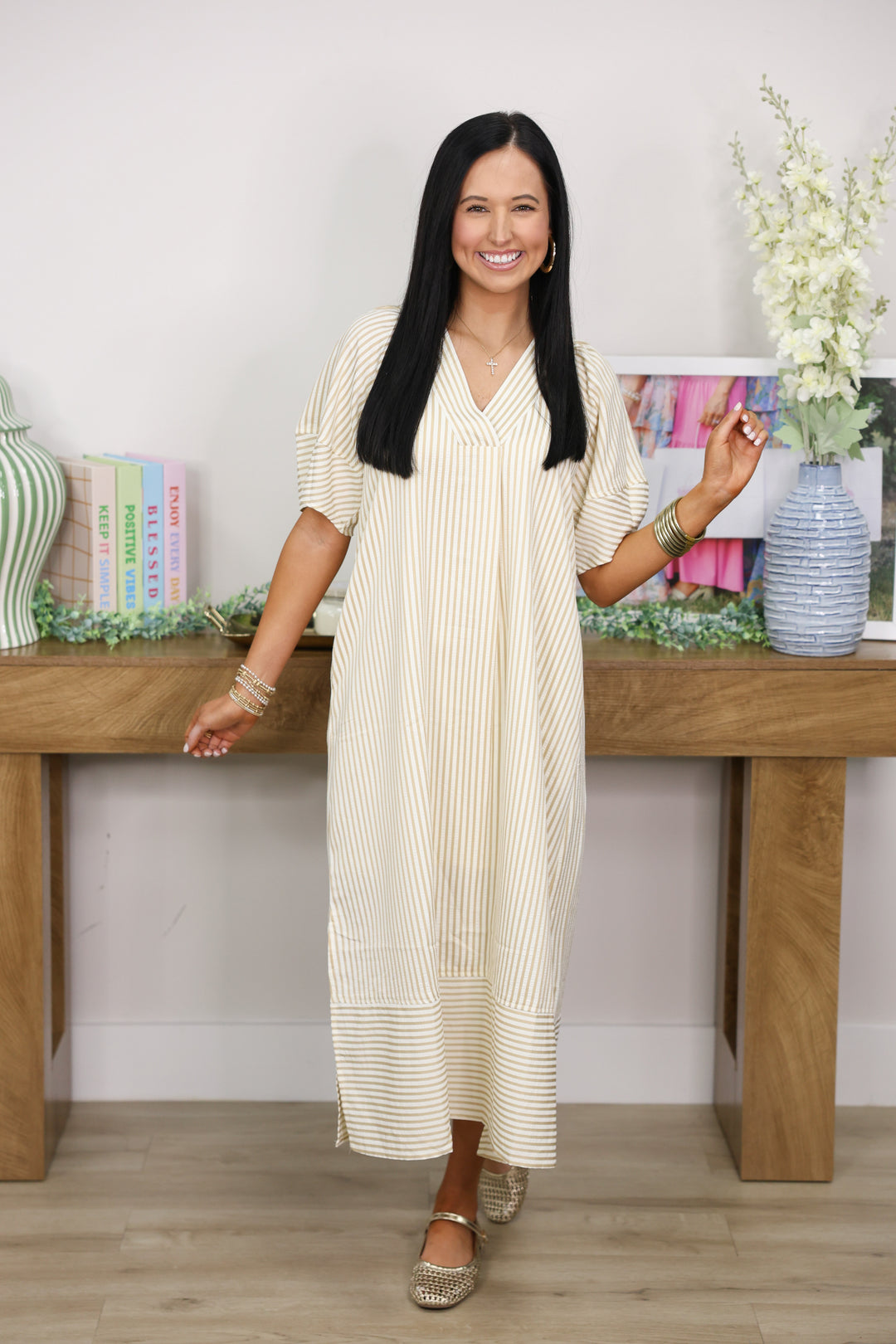 Stripe Pattern Midi Dress "Sand"