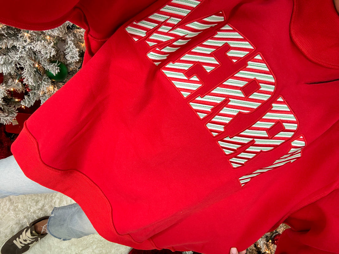 'MERRY' Embroidered Mock Neck Sweatshirt "Red"