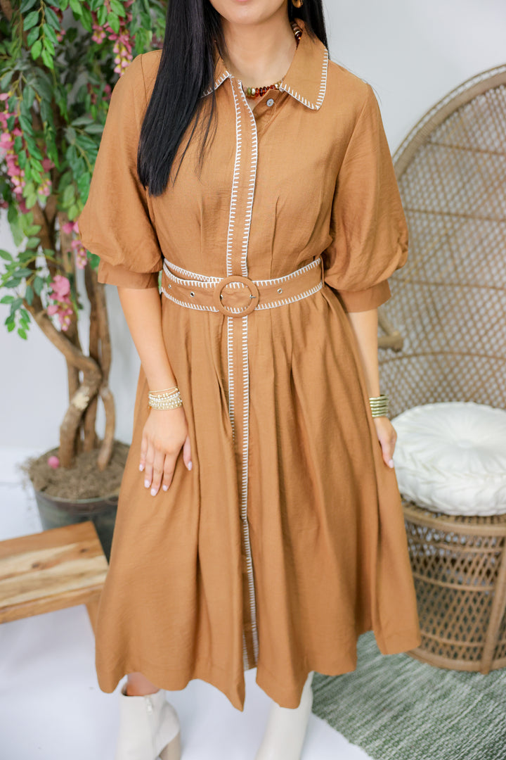 Anne Solid Short Puff Sleeve Midi Dress "Camel"