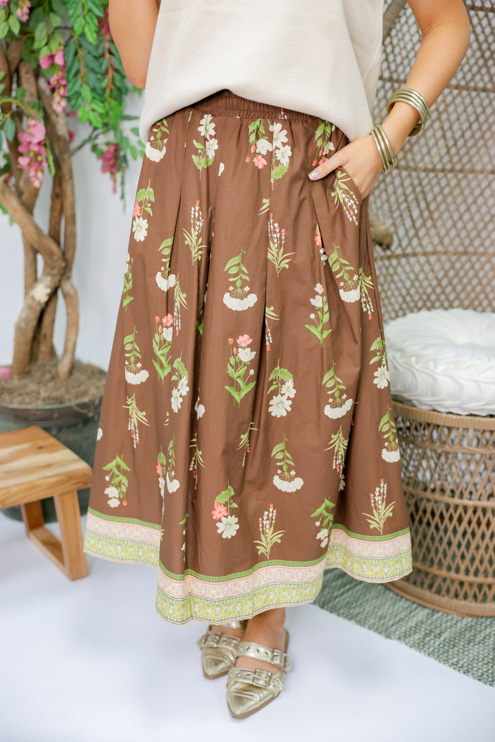 Playful Floral Midi Skirt "Brown"