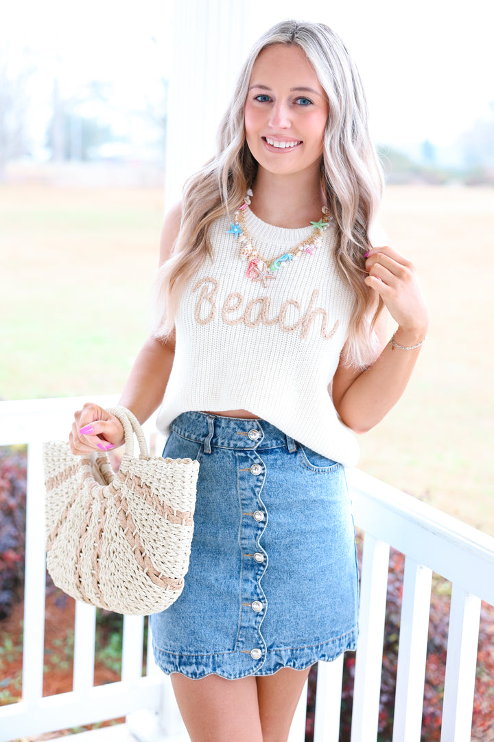 Round Neck "BEACH" Sweater Tank Top "Off White"