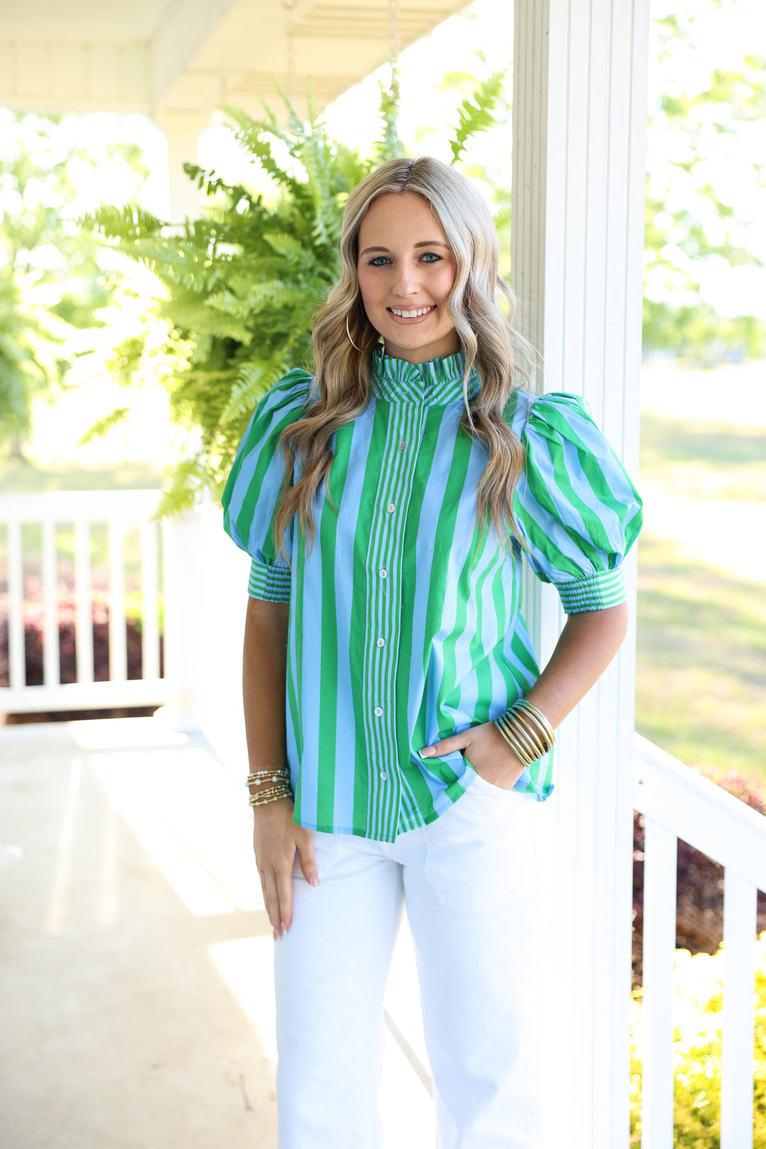 Seaside Striped Print Short Puff Sleeve Top "Green"