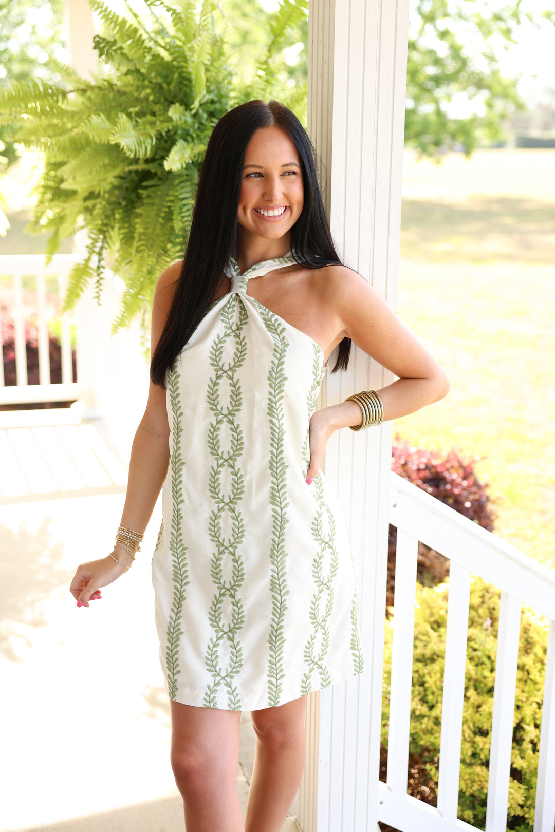 Embroidered Halter Mini Dress "Off White/Sage"