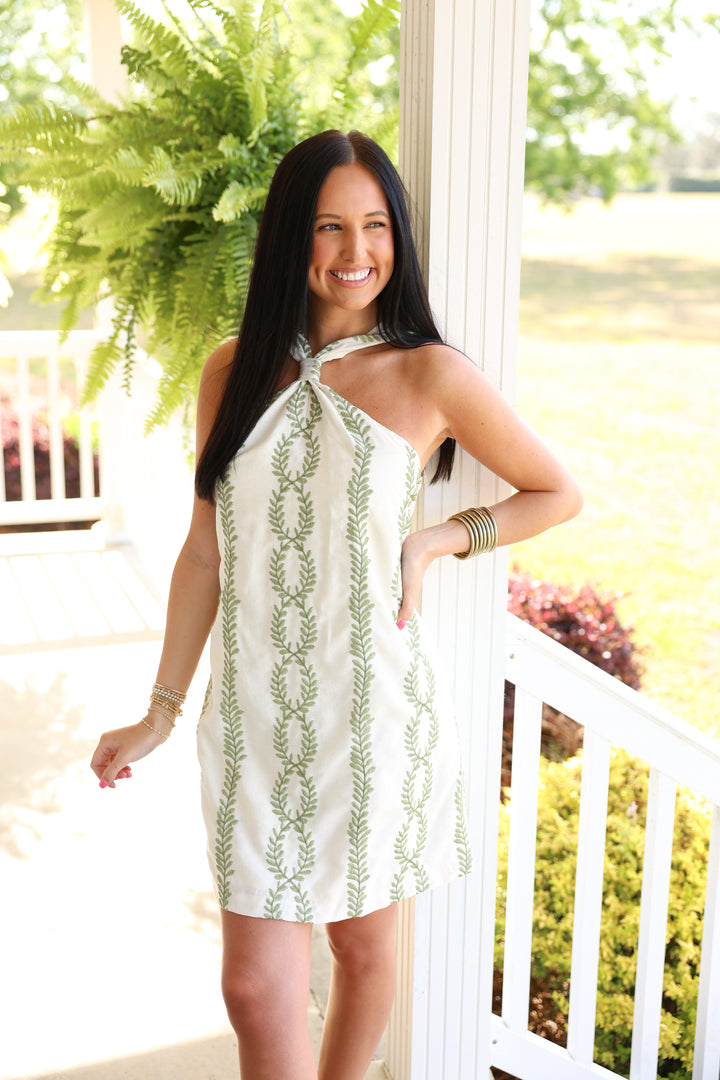 Embroidered Halter Mini Dress "Off White/Sage"