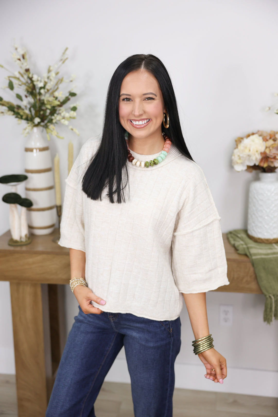 Cropped Length Ribbed Knit Sweater "Oatmeal"
