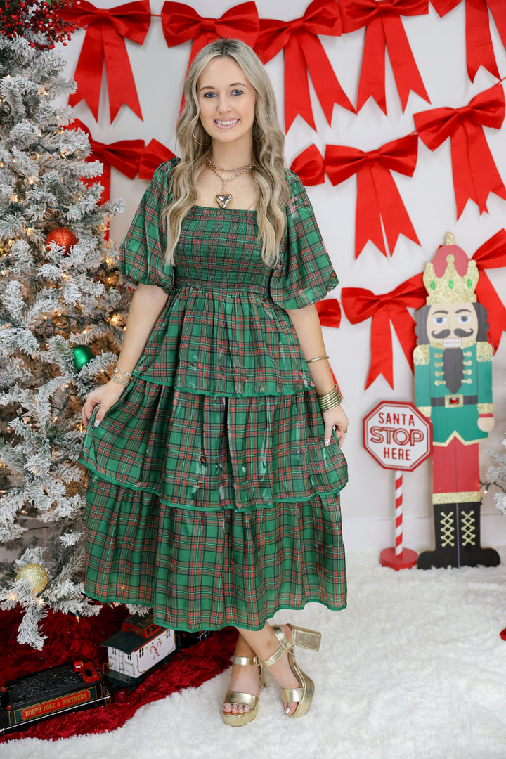 Merry & Bright Plaid Midi Dress "Hunter Green"