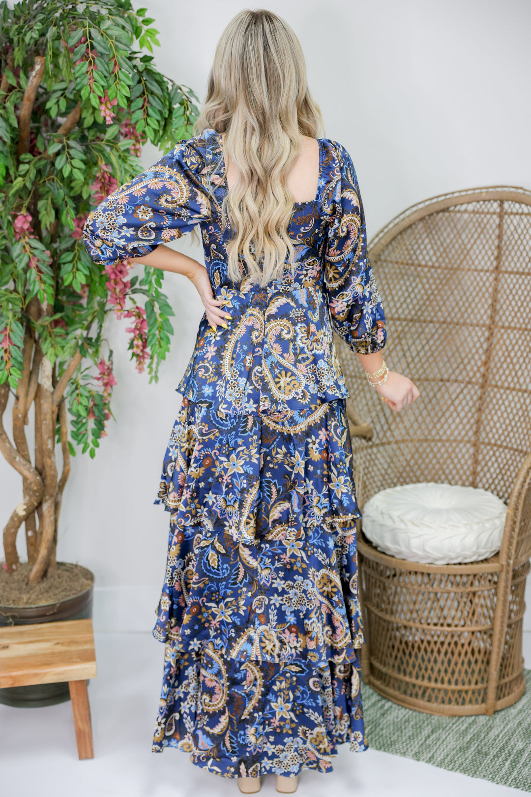 Scarlett Satin Tiered Dress "Navy"