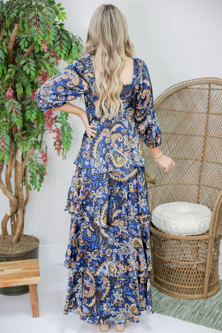 Scarlett Satin Tiered Dress "Navy"