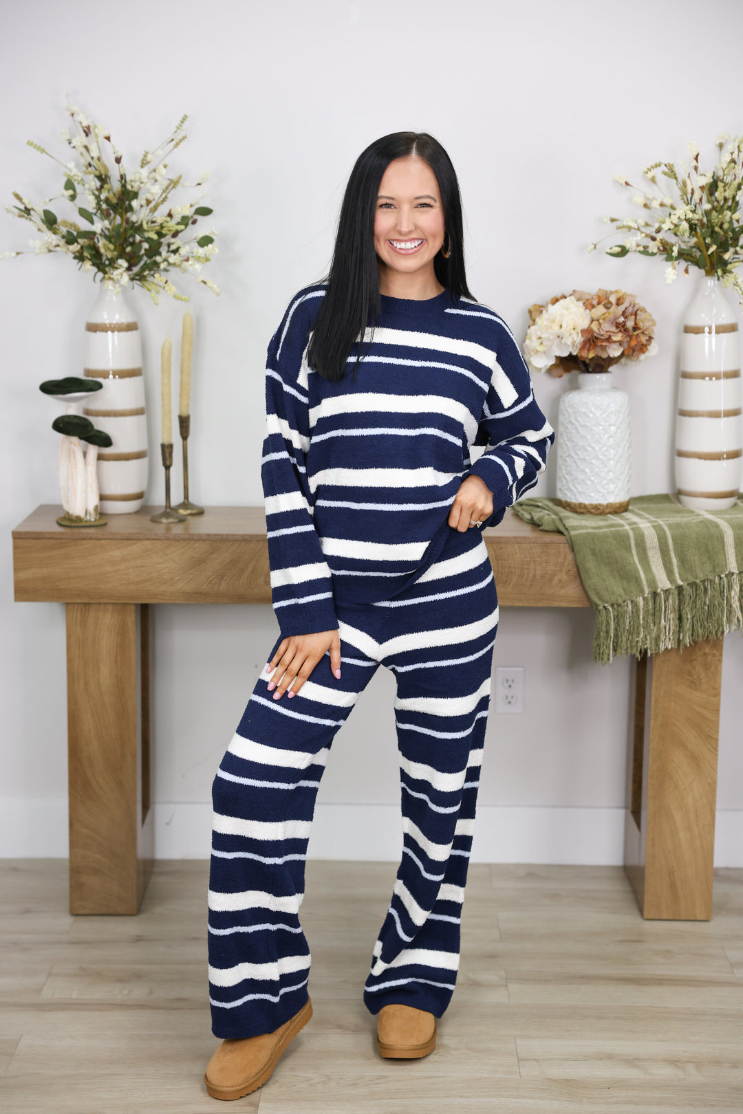 Long Sleeve Stripe Sweater Top & Sweater Pants Set "Navy/Cream"