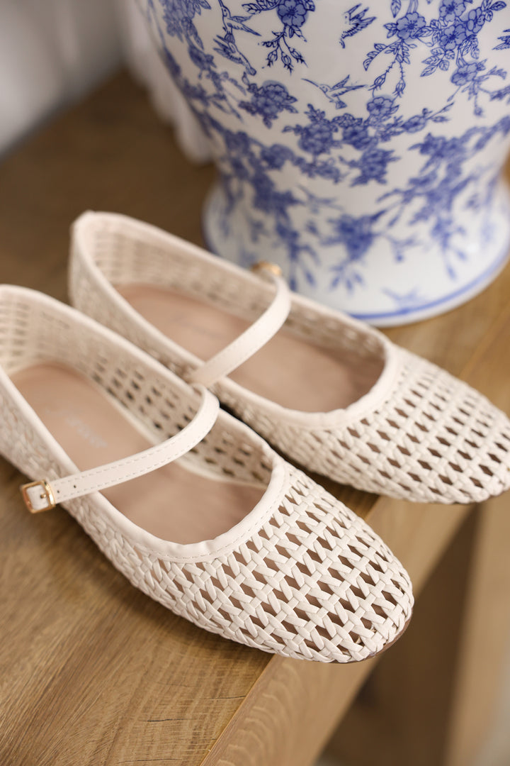Woven Mary Jane Flats "Bone"