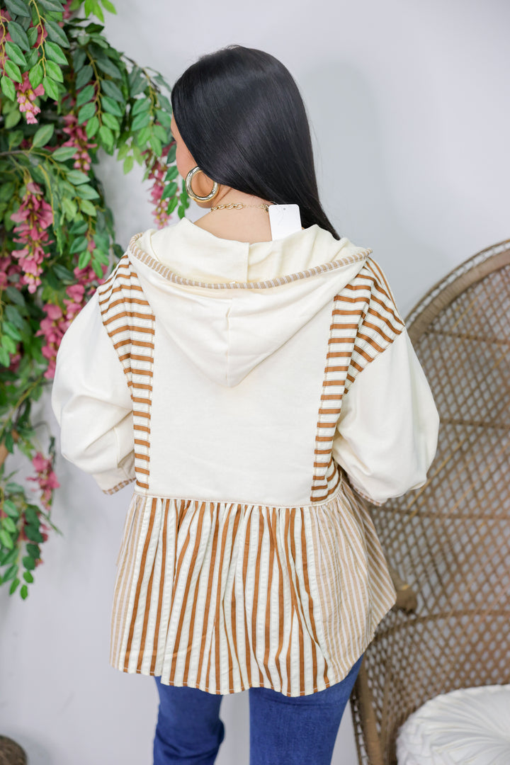 Striped 3/4 Sleeve Peplum Hoodie Top "Brown"