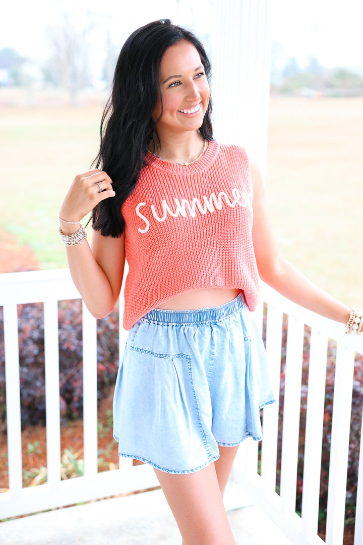 Round Neck "SUMMER" Sweater Tank Top "Coral"