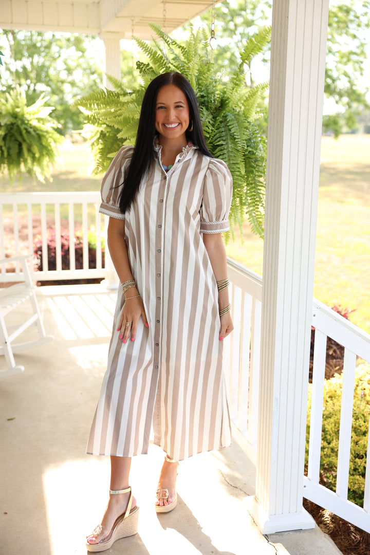 Seaside Striped Print Short Puff Sleeve Midi Dress "Taupe"