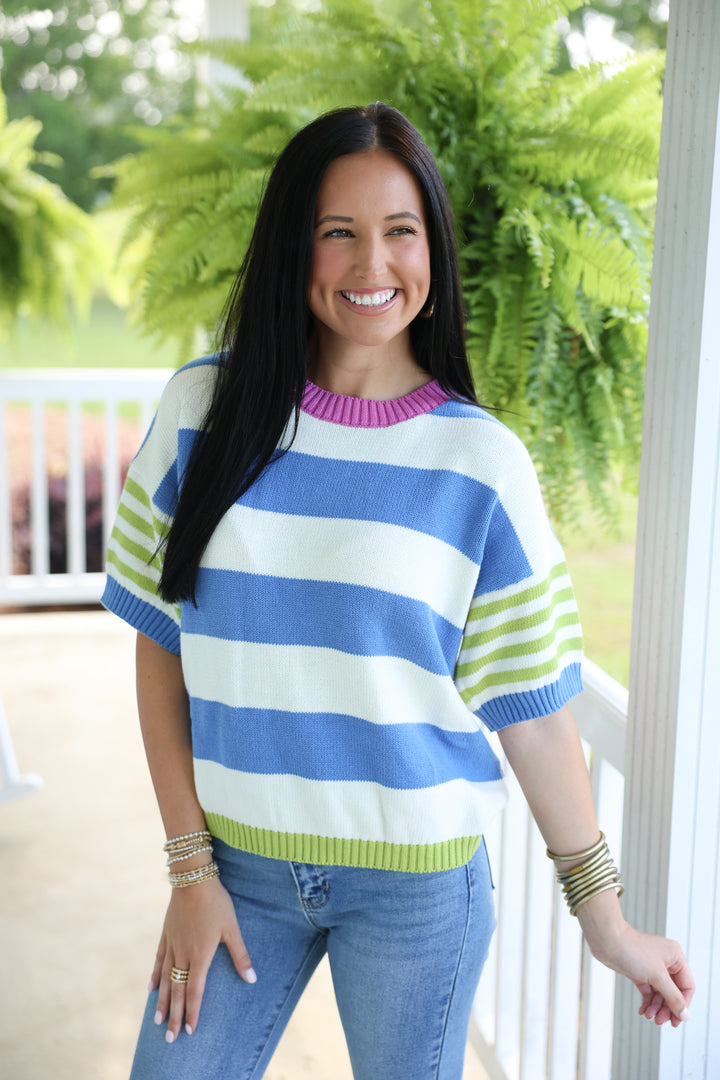 Playful Summer Multi Stripe Cotton Sweater "Electric Blue/Lime"