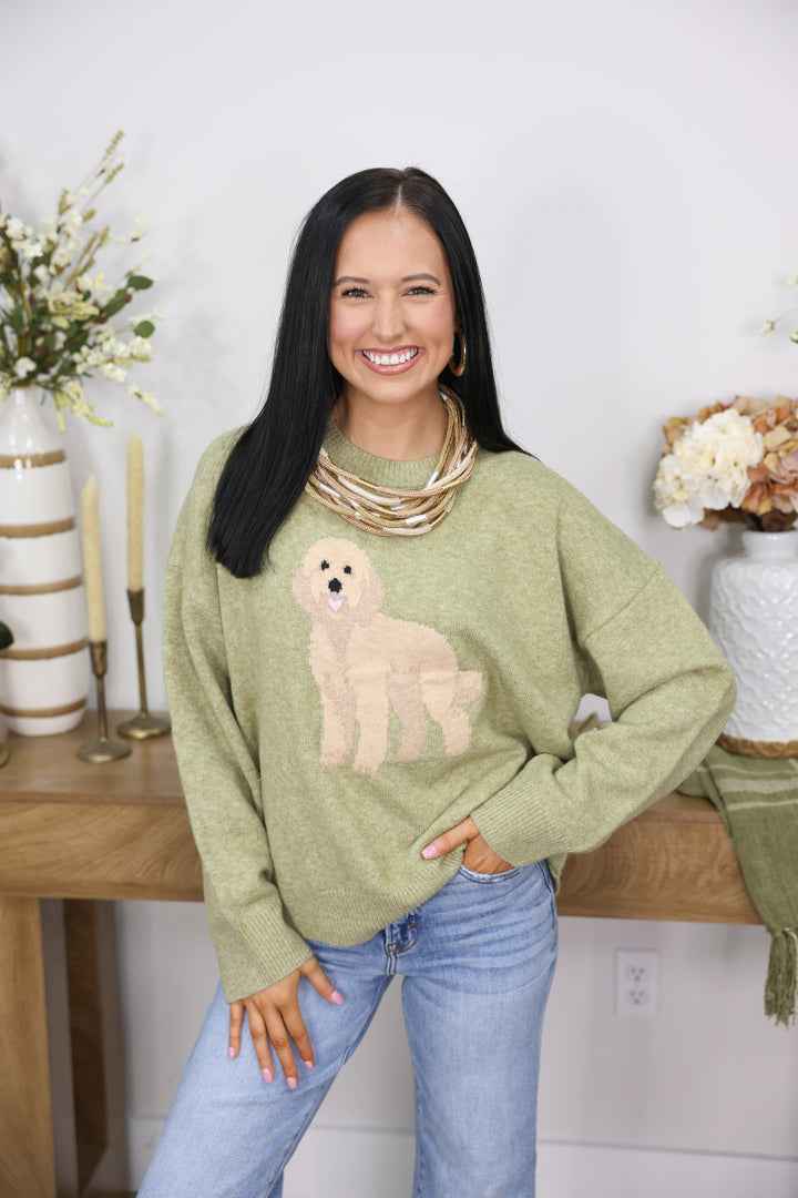 Golden Doodle Dog Graphic Oversized Crew Neck Sweater "Olive"