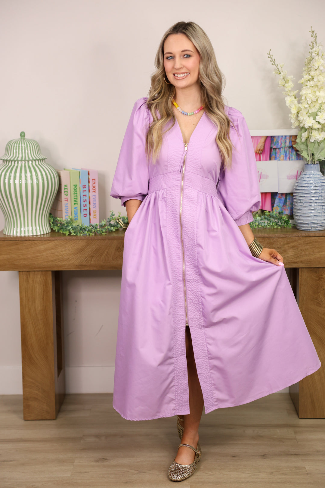 Gracious Solid 3/4 Sleeve Midi Dress "Lavender"
