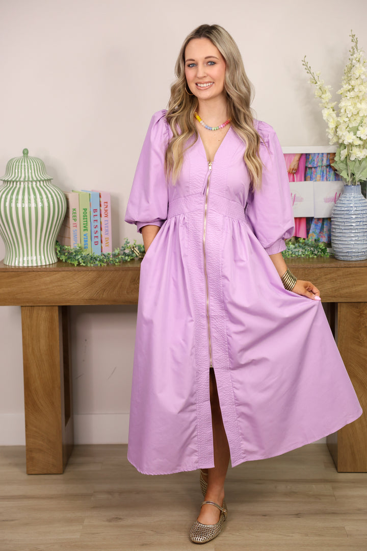 Gracious Solid 3/4 Sleeve Midi Dress "Lavender"