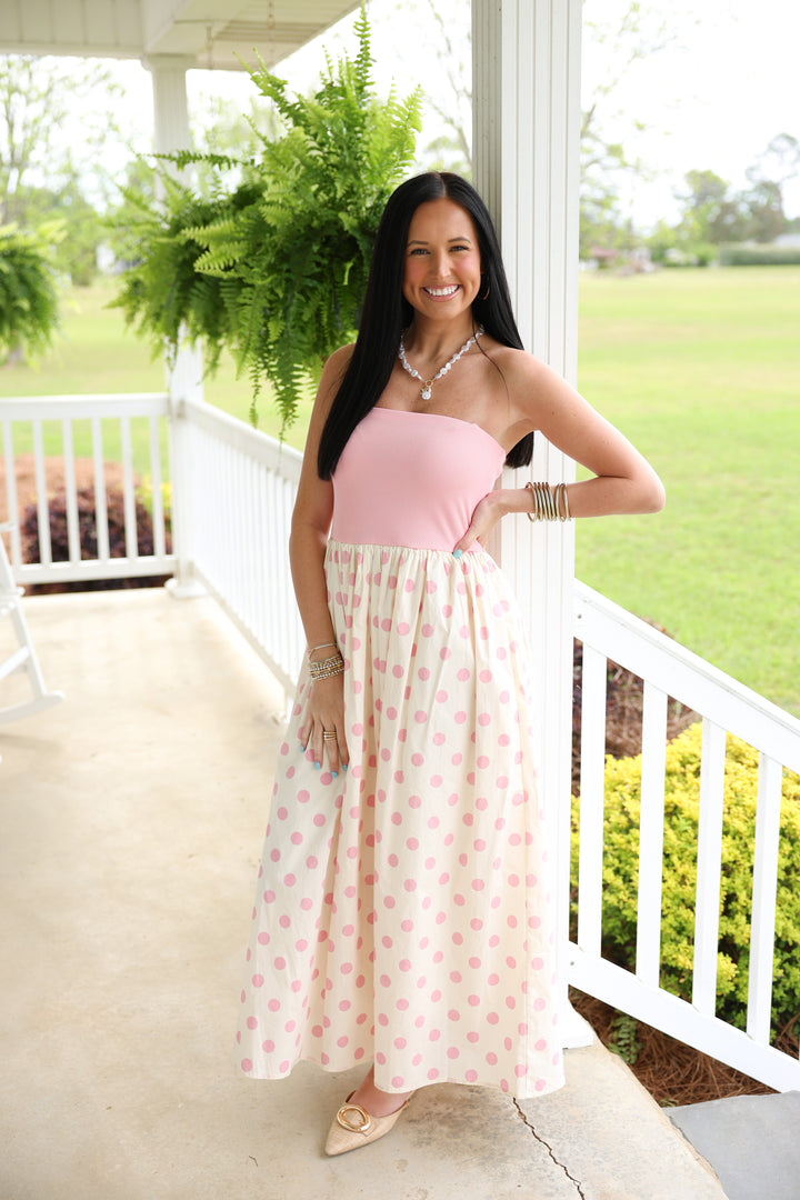 Strapless Knit & Woven Polka Dot Print Tube Midi Dress "Pink"