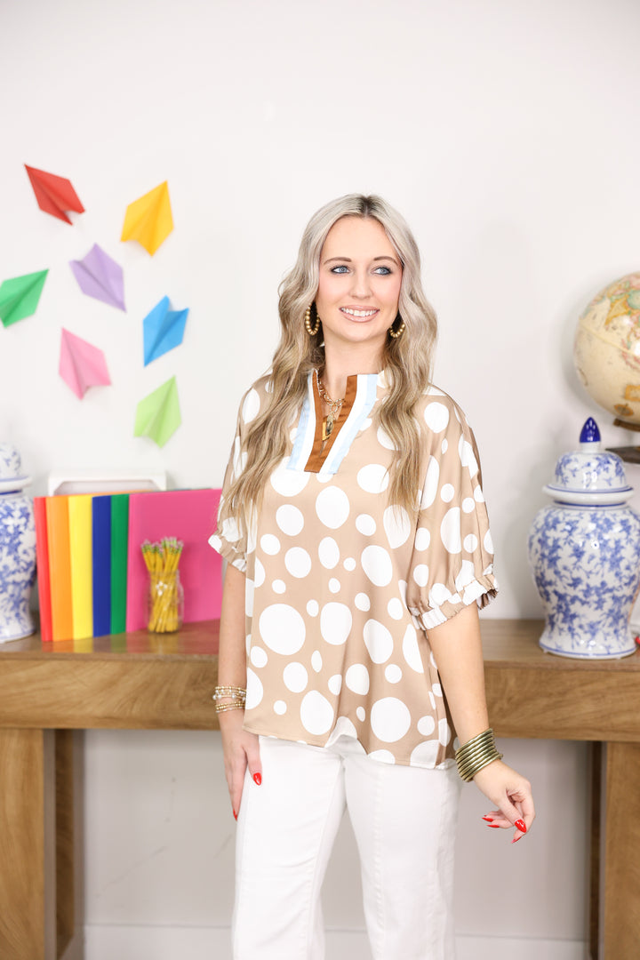 Drop Shoulder Polka Dot Satin Top "Taupe"