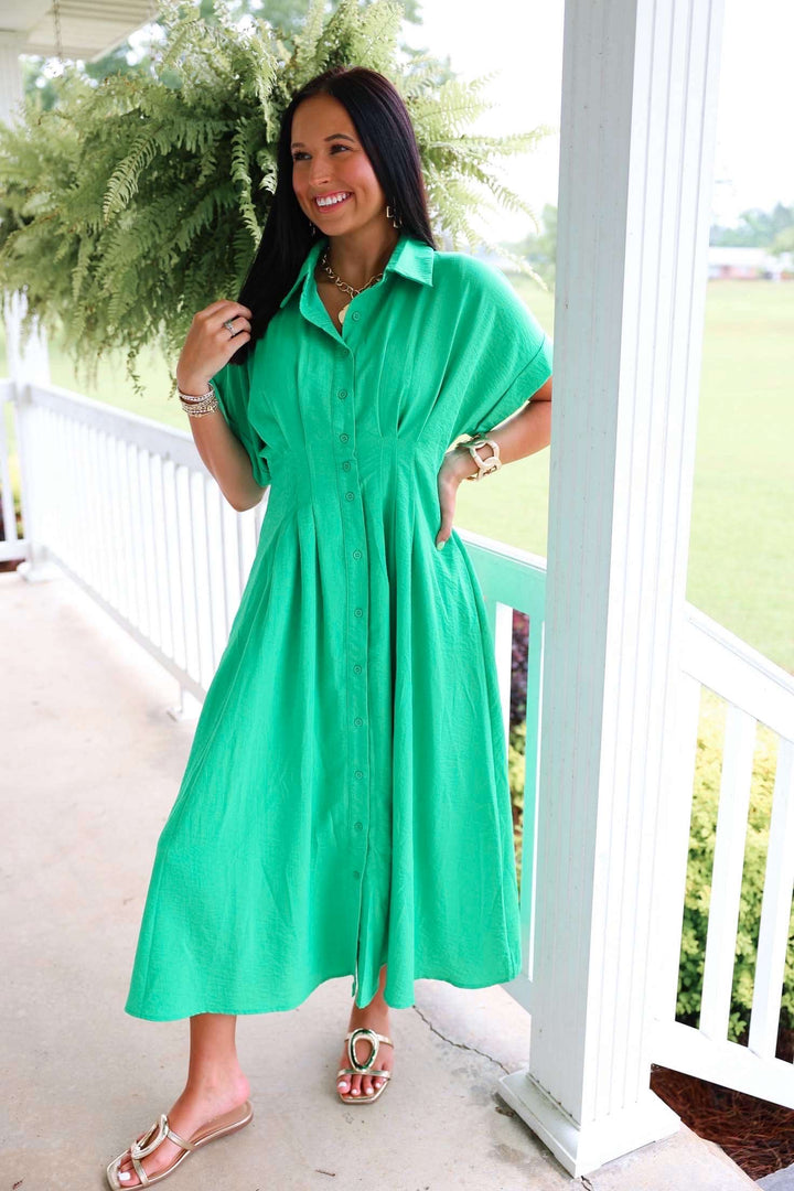 Solid Cuff Short Sleeve Pleated Midi Dress "Green"