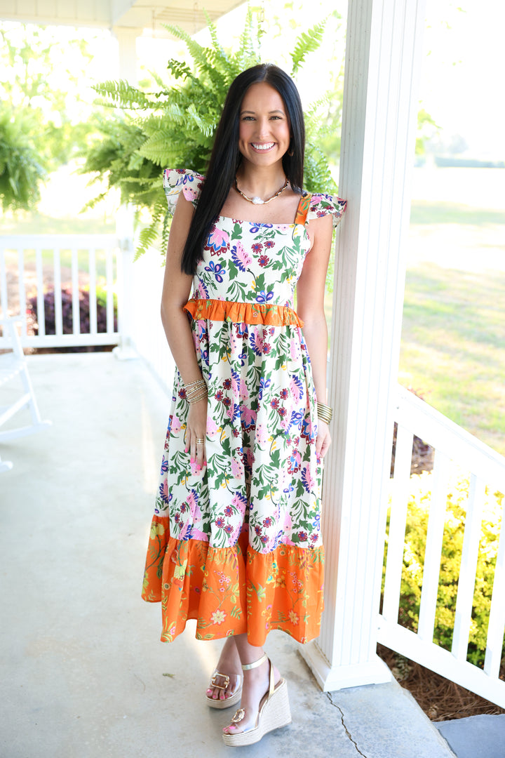 Exotic Garden Party Midi Dress "Orange Multi"