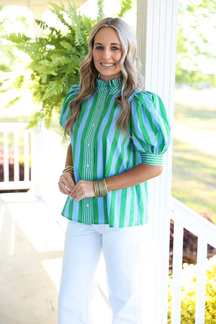 Seaside Striped Print Short Puff Sleeve Top "Green"