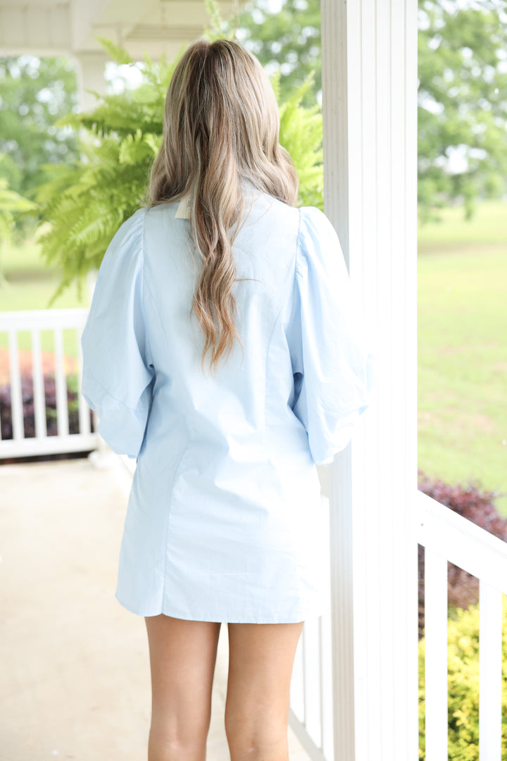 Big Long Sleeve Mini Shirt Dress "Soft Blue"