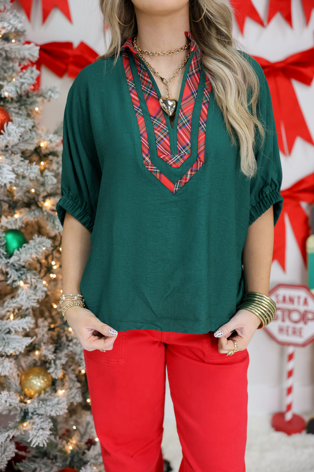 Solid Short Sleeve Dolman Top w/ Plaid Accent "Green"