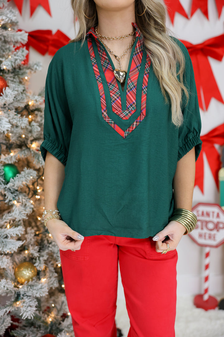 Solid Short Sleeve Dolman Top w/ Plaid Accent "Green"