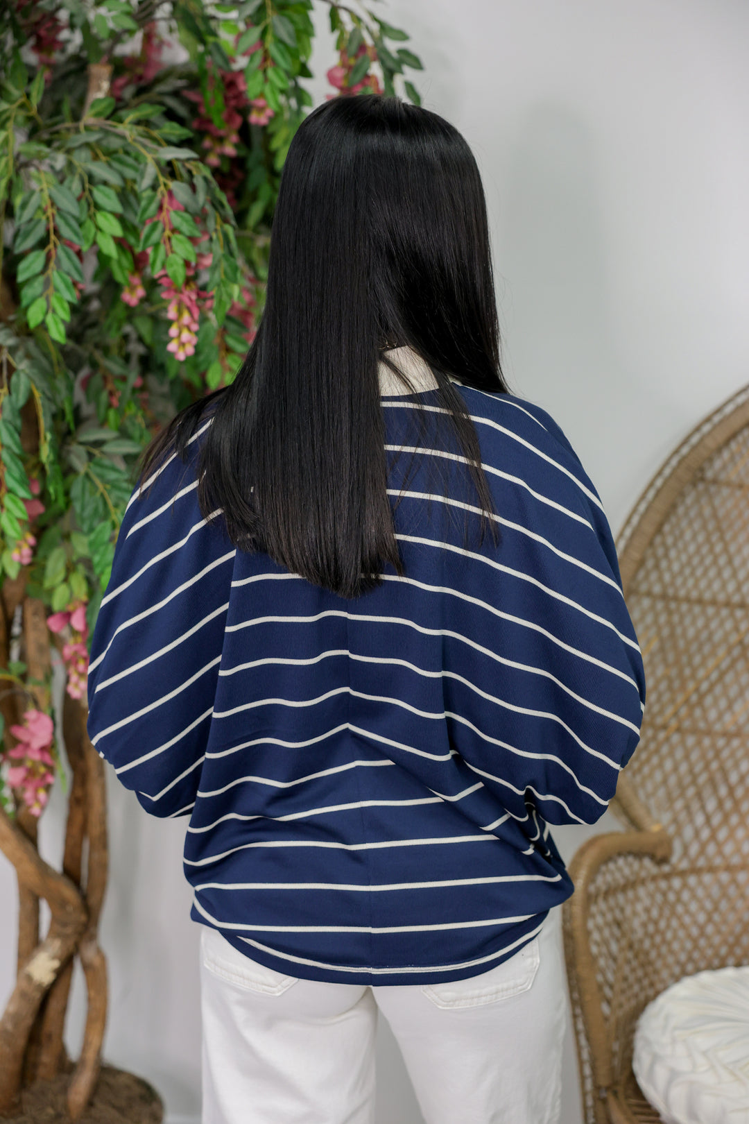 Striped Short Dolman Sleeve Top "Navy"