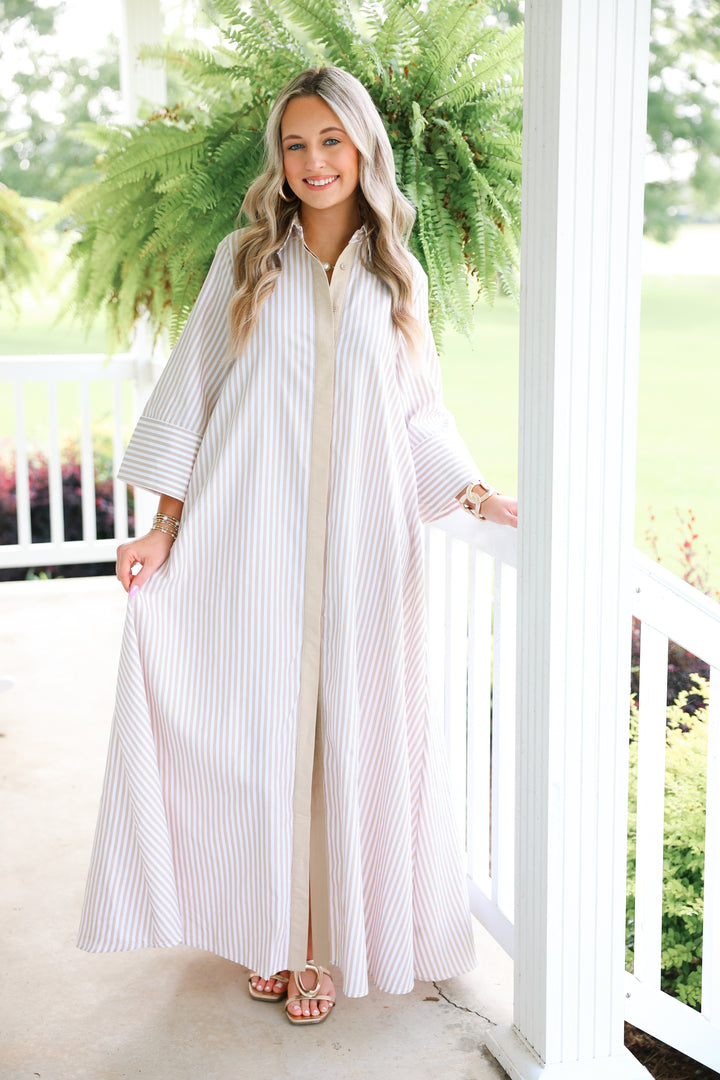 Striped Maxi Shirt Dress "Tan"