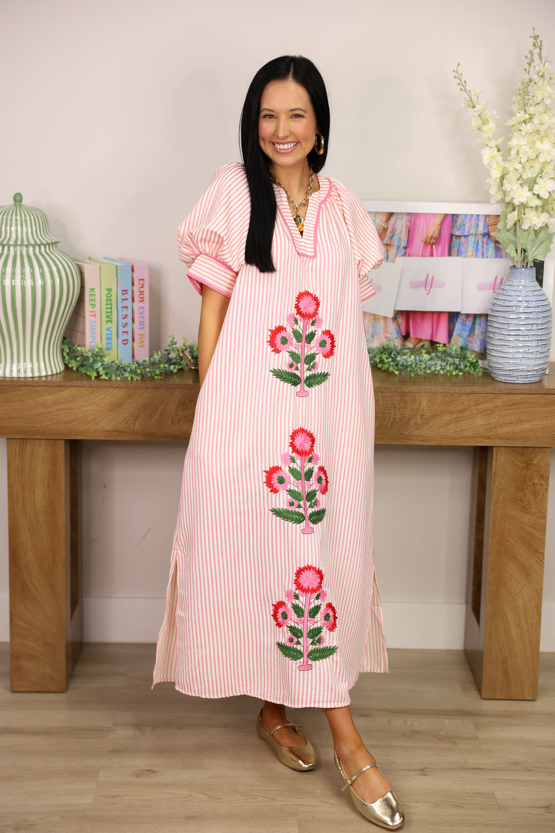 Sunday Stroll Stripe Floral Embroidery Dress "Pink"