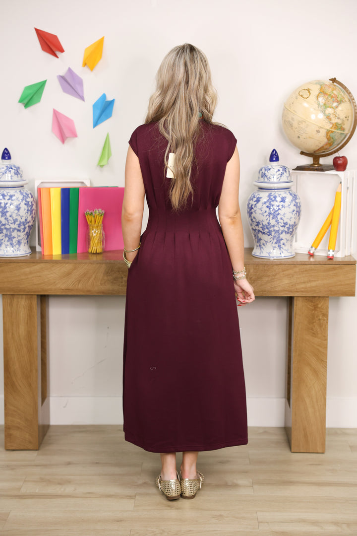 Solid Cap Sleeve W/ Pintuck Waist Midi Dress "Burgundy"
