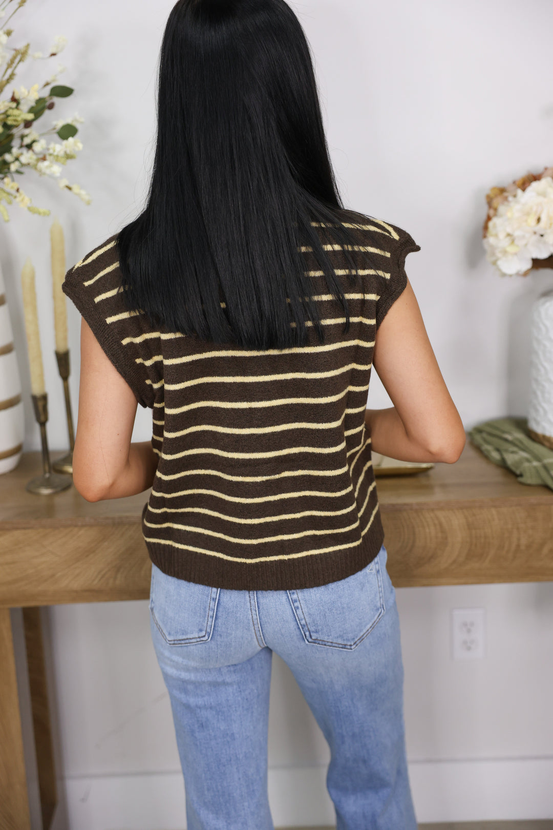 Striped Cap Sleeve Piper Vest "Brown"
