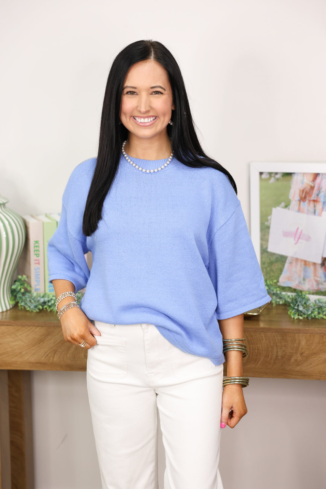 Solid 3/4 Sleeve Knit Top "Chambray"