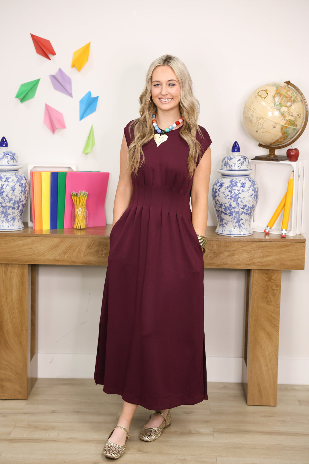 Solid Cap Sleeve W/ Pintuck Waist Midi Dress "Burgundy"