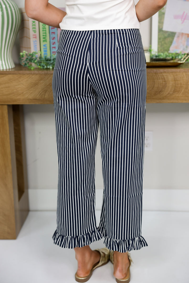 Striped Ruffled Hem Straight Leg Pants "Navy"