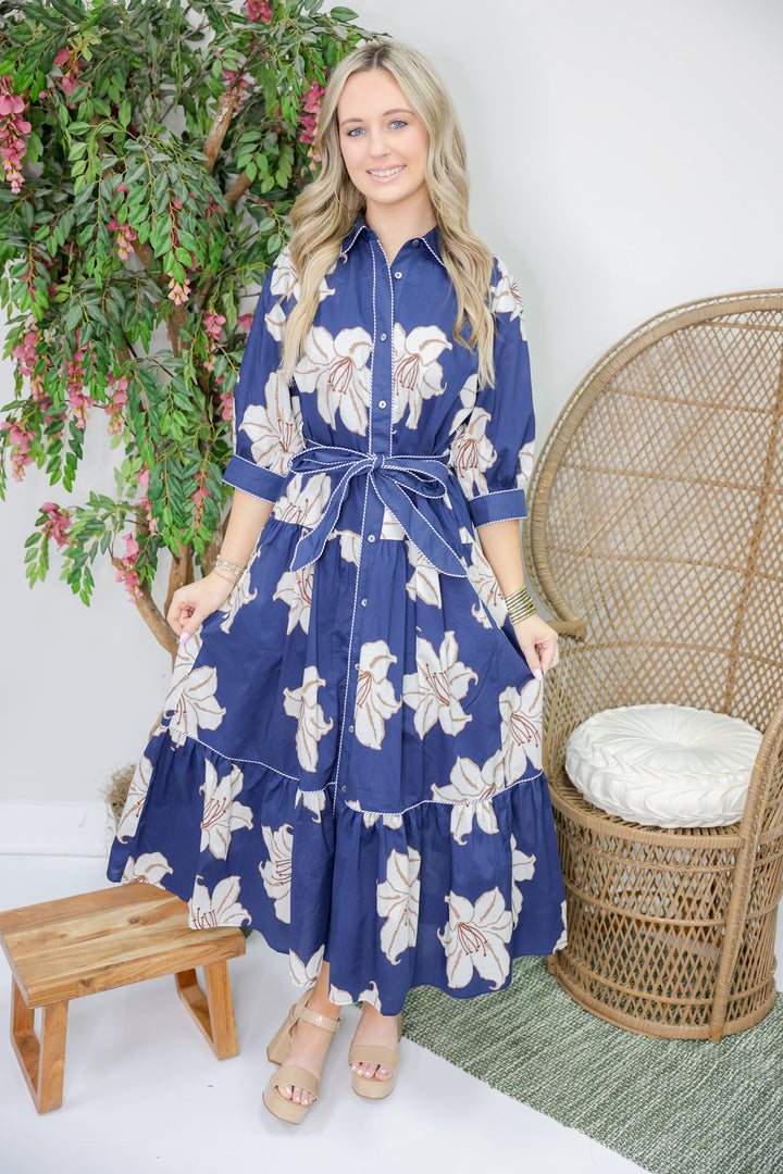 Demi Floral Print  3/4 Sleeve Midi Dress "Navy"