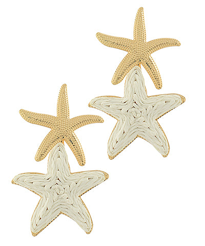 Linked Raffia & Metal Starfish Earrings "Ivory/Gold"