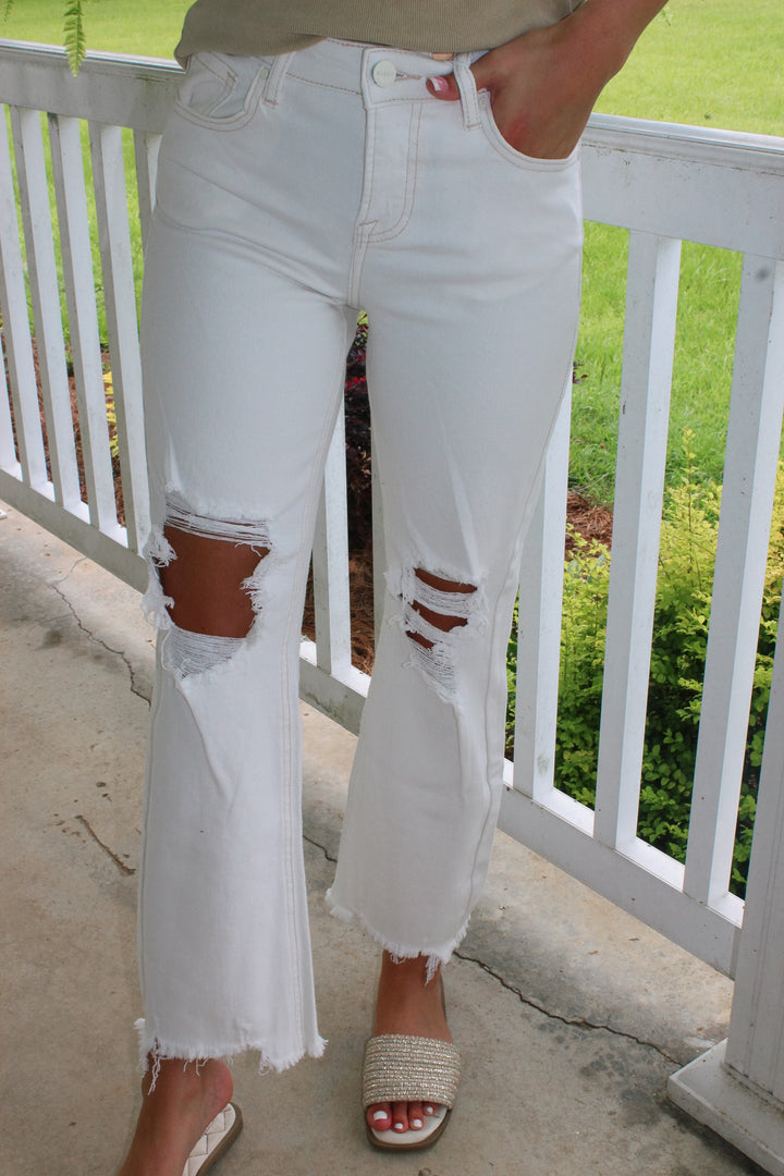 Kellie High Rise Crop Distressed Pants "Cream"