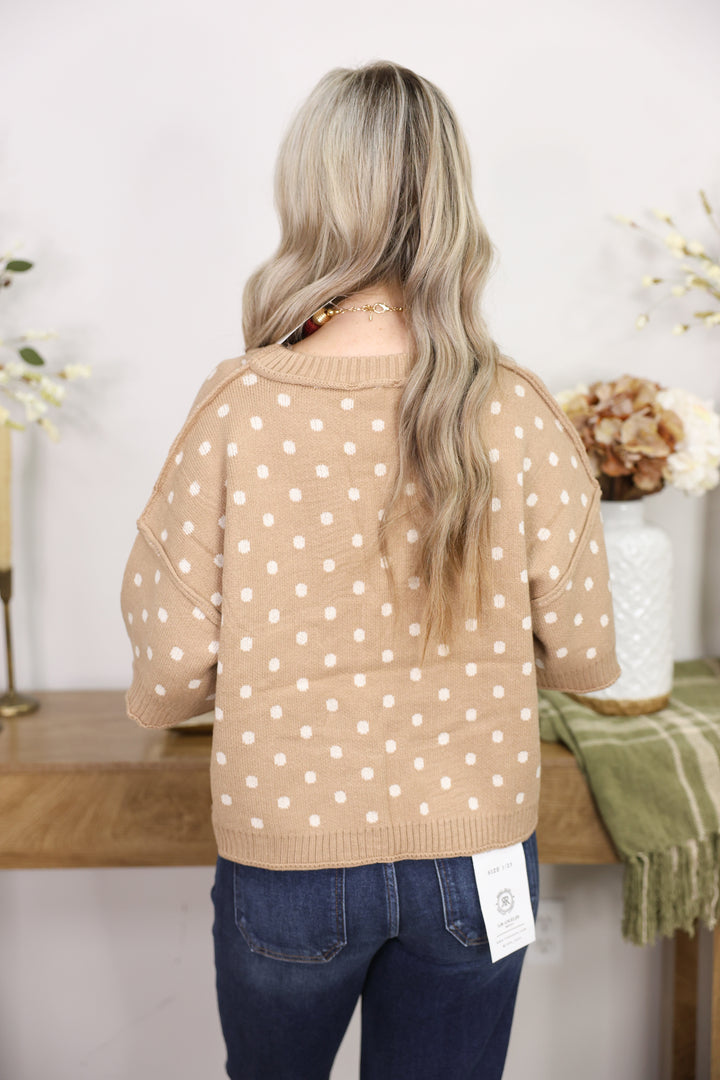 Polka Dot Round Neck Short Sleeve Sweater Top "Camel"
