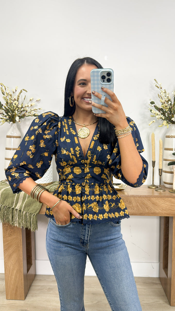 Arya Floral Puff Sleeve Blouse "Navy/Gold"