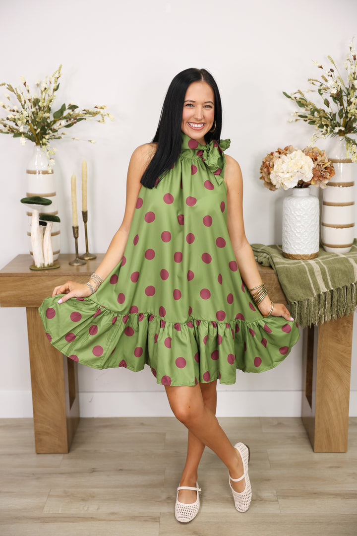 Tie Neck Sleeveless Polka Dot Mini Dress "Olive"