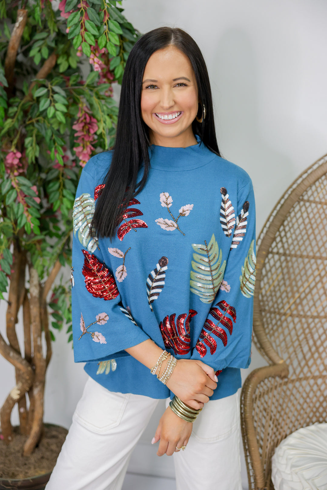 Sequin Embellished Mock Neck Sweater "Teal"
