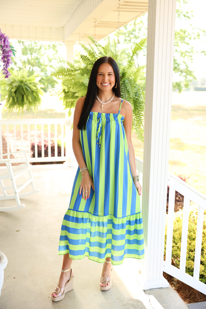 Striped Print Sleeveless Midi Dress "Lime/Blue"
