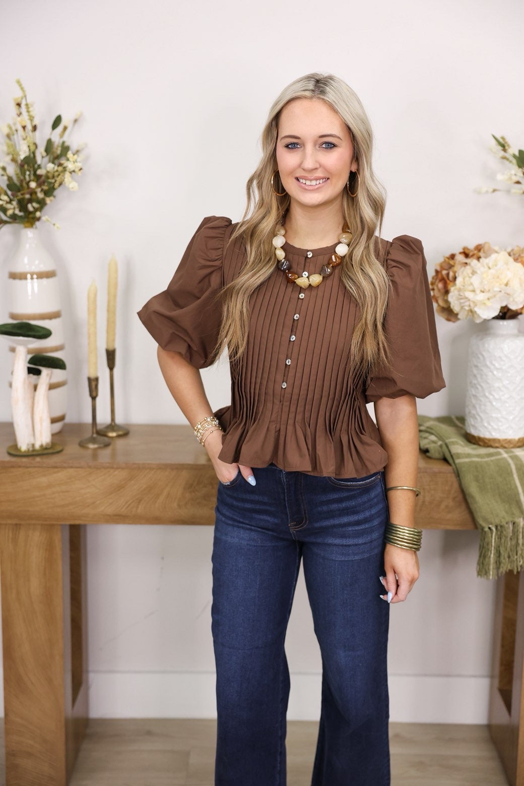 Puff Sleeve Peplum Blouse "Brown"
