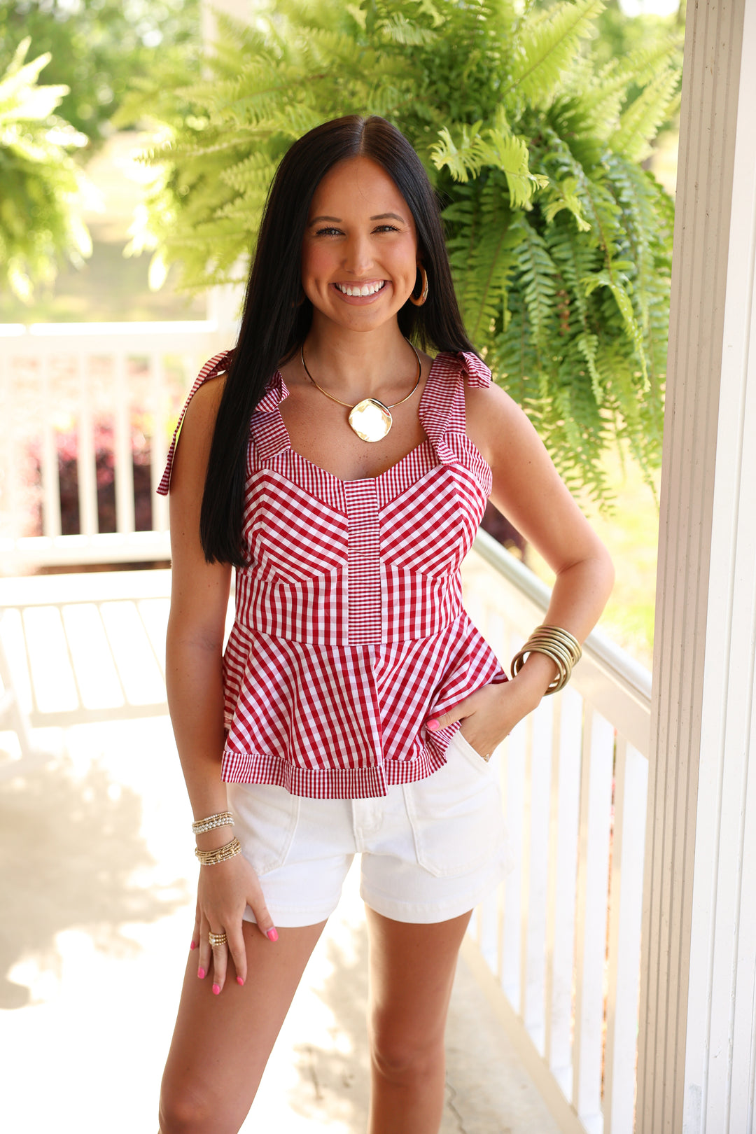 Gingham Sleeveless Peplum Top "Red"