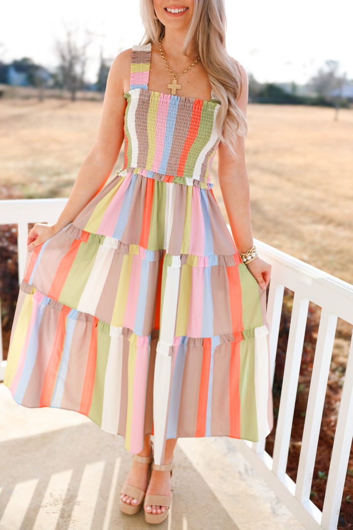 Sassy Striped Midi Dress "Pastel Multi"